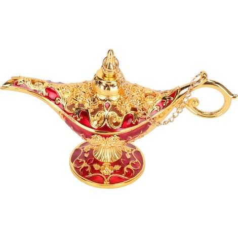 Lampe de table rétro arabe en alliage de zinc, ornée d'une gravure raffinée, avec inscription à vœux, accessoire de décoration doré et rouge. (1/5)