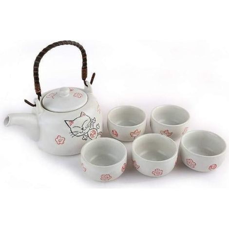 Service à Thé Japonais Maneki Neko - Avec Théière & 5 Tasses en Porcelaine - Théière avec Filtre Infuseur - Idée Cadeau Japon Chat Kawaii pour Anniversaire, Noël - Vaisselle Asiatique (1/4)