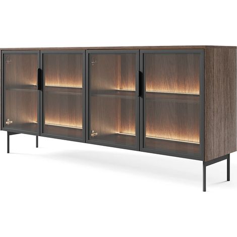 Credenza madia 4 ante a vetrina e 4 ripiani minimal con LED inclusi rovere scuro