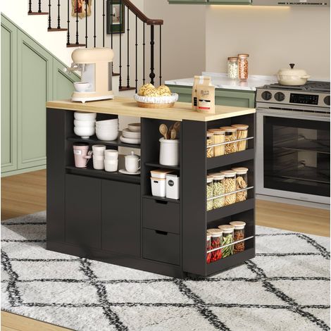 Îlot de cuisine avec plan de travail rotatif et extensible, rangements, noir et naturel OKMYHOME (1/5)
