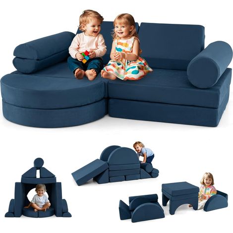 Costway – Canapé enfant convertible 13 pièces – Mousse haute densité – Housses amovibles lavables – Suède velours bleu marine – 145 x 71 x 46 cm (1/5)