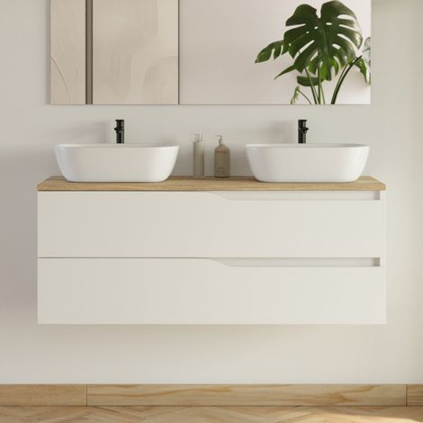 Meuble de salle de bain 120cm avec plateau miel et 2 vasques à poser Zeus - 2 tiroirs - sans miroir - blanc - LUNA (1/5)