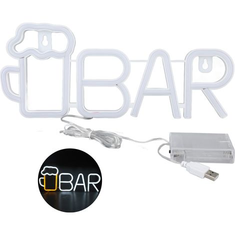 Panneau LED Neon "BAR" Shape - Signe Lumineux pour Bar avec Verres de Bière Blanc - USB/Batteries - 35.5cm x 14.5cm - ABS/PVC