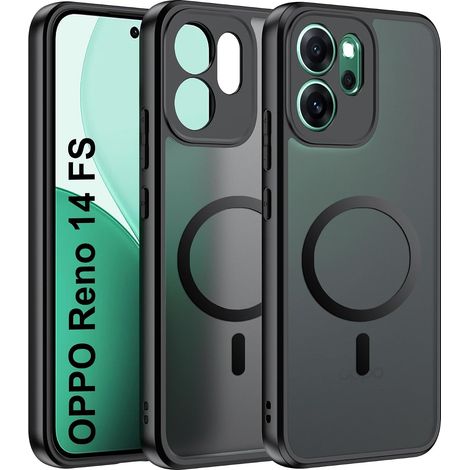 Magnétique Coque pour Oppo Reno 14 FS/14FS/14 F/14F 4G/5G Case avec MagSafe, Anti-Chute Silicone Souple + Acrylique Givré Coque, Etui Translucide Mat Arrière Housse Fine Antichoc - Noir (1/5)