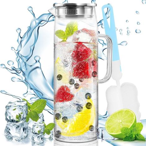 1,5-Liter-Glaskaraffe mit Edelstahldeckel, Krug für heiße/kalte Getränke, Wein und Limonade (1/5)