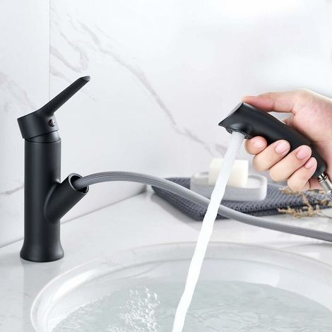 Robinet de salle de bain noir avec douchette extractible, mitigeur de lavabo extractible pour salle de bain (1/5)