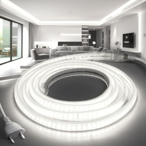 Ruban LED Néon 220V 5M Étanche IP65 Bande Imperméable Blanc Froid 6000K Flexible Découpable en avec Alimentation, Lumière pour Intérieur et Extérieur Maison Cuisine Chambre Escalier (1/5)