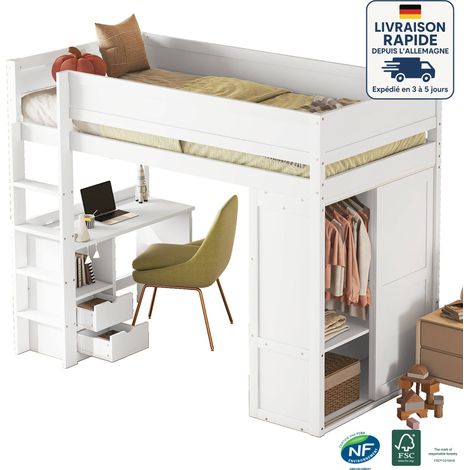 Lit mezzanine 90x200 cm avec penderie, bureau avec 2 tiroirs, lit simple pour enfant sans matelas, pin, blanc (1/5)