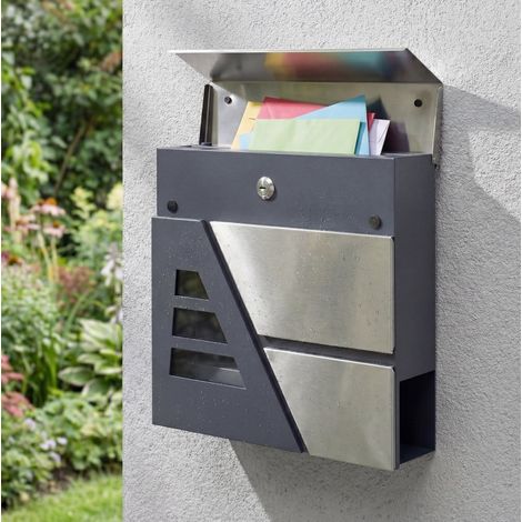 Boîte aux lettres murale extérieure étanche gris foncé avec porte-journaux et 2 clés (1/5)