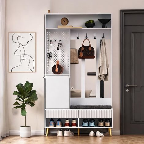 Meuble d'entrée blanc avec banc à chaussures et rangement en MDF (1/5)