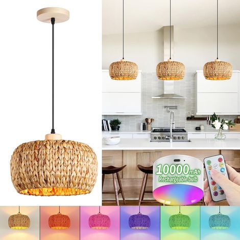 Suspension Boho Rattan E27 avec Batterie Intérieur Vintage Bambou Suspension Lampe Suspendue avec Télécommande, Lampe Suspendue RGB, Ampoules Rechargeables pour Salle à Manger Pas de Câbles (1/5)