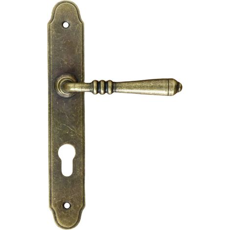 Manilla de puerta DEVON con embellecedor para cilindro de 72 mm, color oro antiguo.
