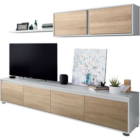 Conjunto para Salón con mueble TV, módulo superior y estante en color Roble Canadian y Blanco Mate 200cm