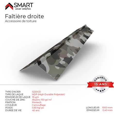 Faîtière droite - bac acier - tôle de couverture - Toiture -  H12 Coloris Camouflage Printech L=1m (1/2)