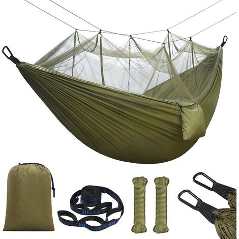 Hamac avec Moustiquaire, 275x140cm Double Hamac Ultra-léger de Voyage Camping, Nylon de Parachute, Charge 300 kg avec Sac de Transport, Sangles et Mousquetons pour, Balcon, Jardin, Plage-Fei Yu (1/4)