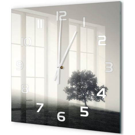 Grande Horloge Murale Carrée Objet Décoratif en Verre Silencieuse pour Salon Arbre solitaire 60x60 cm
