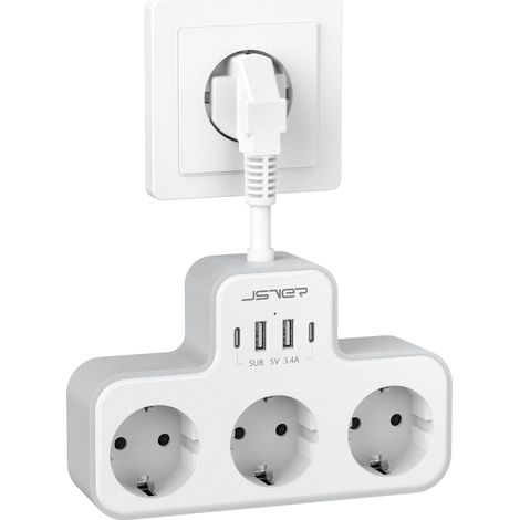 Multiprise USB, 7 en 1 Multiprise Murale 3 Prises avec 2 USB et 2 Type C(5 V/3,4 A 17 W) Multiprise électrique(3680W 16A) avec Câble Court pour Maison, Cuisine, Bureau-Blanc (1/5)