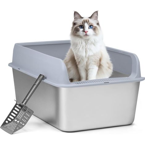 ® Grand Bac à Litière pour Chat -50 x 35x 20 cm - Acier Inoxydable 201 - Anti-Odeurs, Facile à Nettoyer