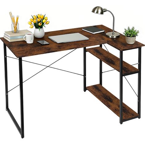 Bureau d'angle en forme de L avec 2 Étagères 100x70x75cm, 2 Façons d’Assembler (1/5)