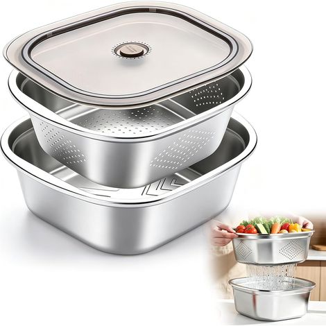 Passoire Inox Cuisine et Bol Mélangeur und Couvercle 28cm, Bol Passoire de Cuisine en Acier Inoxydable, 4600Ml Bassine Carrée, Passoire Métallique pour Fruits, Légumes et Pâtes (1/5)