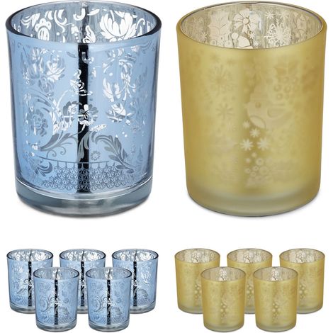 Relaxdays Set 12 Portacandele in Vetro, Porta Lumini dal Design Decorativo per Centrotavola e Bagno, Dorato Argento