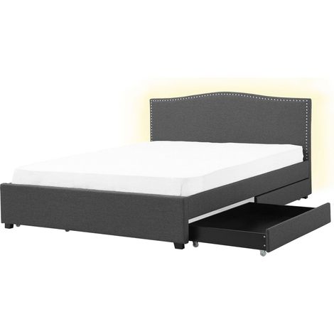 Bed with Storage Drawers Fabric MONTPELLIER 160 x 200 cm (EU King Size) LED Dark Grey (1/5)