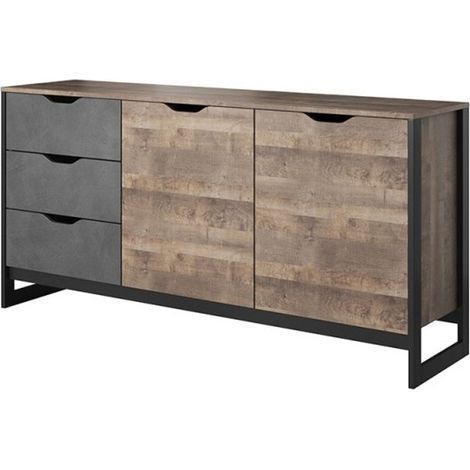 Tendencio – Buffet industriel 160 cm – 2 portes et 3 tiroirs – Finition bois contreplaqué – Style moderne pour intérieur contemporain