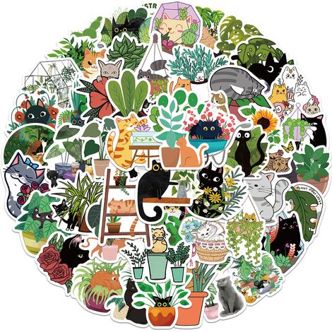 Autocollants avec motif de chats et plantes, paquet de 50 (1/5)