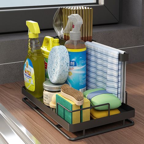 BRAVIX 1pc Porte-éponge d'évier de Cuisine, Rangement Évier Cuisine Support de Brosse Éponge Organisateur avec Plateau Drainage, pour Vaisselle, éponge, Brosse Nettoyage,Torchons (Noir) 25x15.5x14.7cm (1/5)