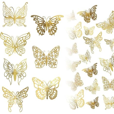 3D Papillon Decoration Couleur Or Autocollants Deco Gateau Amovibles Vifs Tailles Stickers Muraux Maison Décor (1/5)
