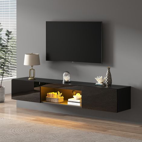 Mueble TV de pared 160x31x22 cm en MDF y paneles de madera negro con almacenaje (1/5)