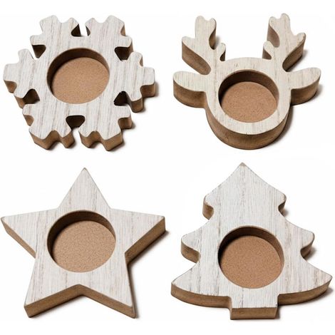 Teelichthalter Weihnachten 4er Set Holz, Stern, Schneeflocke, Tannenbaum, Rentier