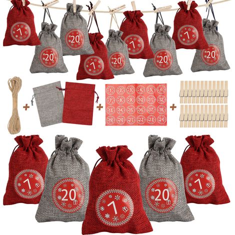Wolketon Calendario dell'Avvento da riempire Natale, adesivi, 24 sacchetti tessuto, kit regalo fai da te, set creativo, decorazione, 24 pezzi, Rosso/Grigio (1/5)