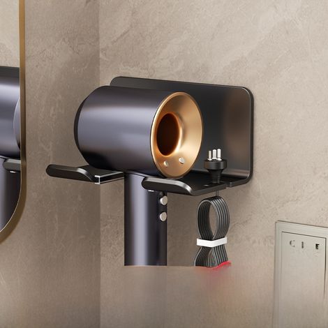 Support mural pour sèche-cheveux en acier au carbone noir, sans perçage, pour salle de bain, avec cadre pour sèche-cheveux de 120 mm, gain de place. (1/5)