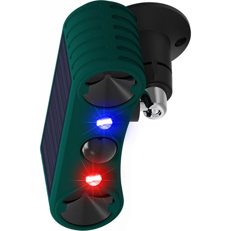 Alarme solaire à ultrasons avec son et lumière, 4 modes réglables, flash rouge et bleu, détecteur mouvement extérieur effaroucheur animaux maison (1/5)