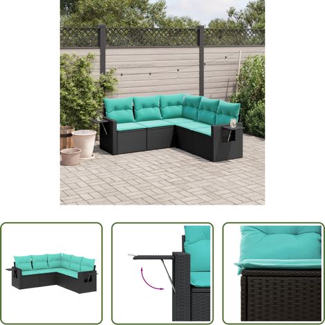 Gartenmöbel - 5-teiliges Gartensofa-Set mit Kissen, schwarzes Polyrattan (1/5)