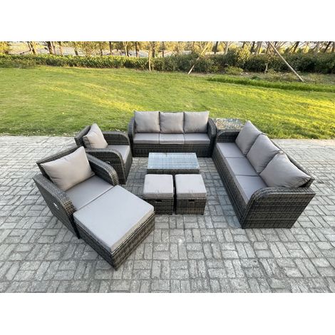 Fimous Ensemble de canapés en rotin avec Canapé 3 places Chaise inclinable 3 Tabourets Canapé 3 places Table d'appoint Gris foncé mixte (1/5)