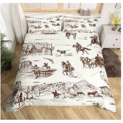 Vintage Western Cowboy Parure de Lit Running Cheval Housse de Couette 220x240cm Western Literie Set Sketch Style Ensemble - 4MP (1/3)