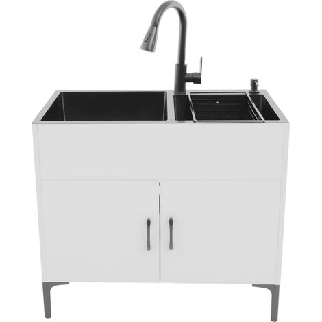 Mueble bajo fregadero de 81 x 43 cm, fregadero doble con mueble y grifo de ducha extraíble, fregadero de acero inoxidable con mueble, mueble blanco con fregadero, ideal para lavaderos, cocinas y baños (1/5)
