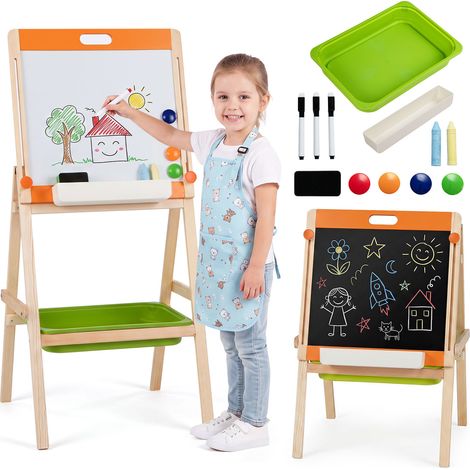 Tableau Enfant Réversible Ardoise Noire + Tableau Blanc, avec Plateau et Boîte de Rangement, Accessoires Inclus, Pliable& Réglable pour 3+ Ans (1/5)