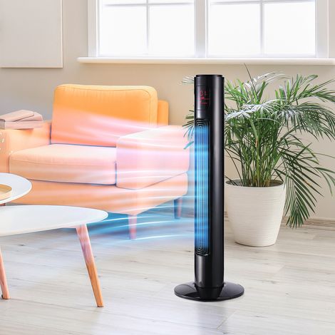 Ventilador de torre silencioso, 45 W, 3 modos, 3 velocidades, mando a distancia, oscilación de 70°, temporizador y pantalla LED, 96 cm, negro.