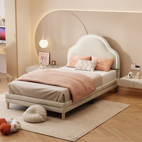 Cama individual infantil 90x200 cm de terciopelo beige con LED, sin colchón FloraGrace (1/5)