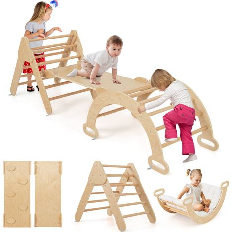 Ensemble 7 en 1 triangle et arche d'escalade 75 x 55 x 64 cm pour escalade et glisse scandinave en bois naturel