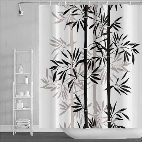 Duschvorhang mit Bambusblattmotiv, 150 x 180 cm, abstraktes schwarz-weißes Bambuspflanzen-Design, mit Tuschefarbe, für Kinderbäder, aus Polyester mit Haken. (1/4)