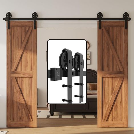 305 cm Double Door Hardware for Double Sliding Doors Antique Wooden Barn Big Spoke Base Wheel Black Roller Kit Garage Cabinet Rack Rail System (1/5)