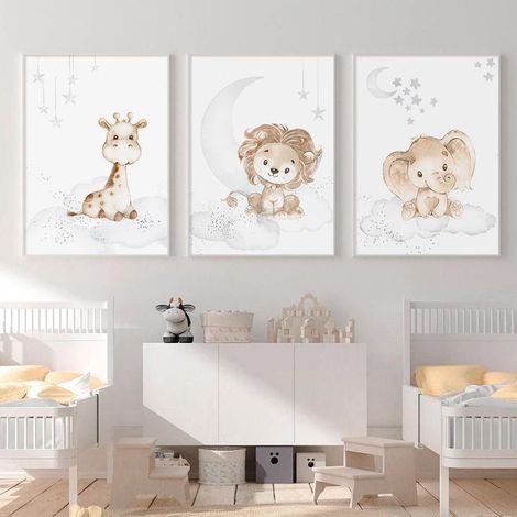 Lot de 3 Affiches Sans Cadre 20x30cm, Toiles Animaux Dessin Animé pour Salon Chambre Enfants, Tableaux Muraux HD Décoration Peinture Aérographe (1/5)