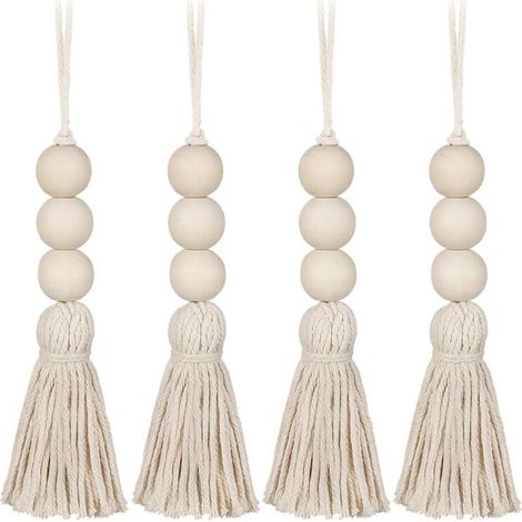 4Pcs Gland Perles en Bois Ferme Perles Glands Perles de Prière Naturelles Coton Ligne Décorative Tenture Murale Pompon Perle Pendentif pour Placard Armoire Porche NPTERBL