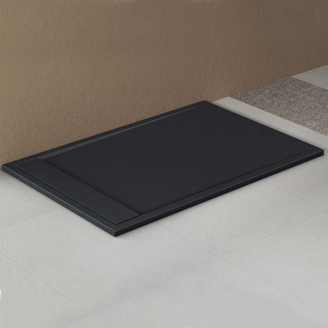 doporro Receveur de Douche à Carreler à Poser en Solid Surface Bac à Douche Rectangulaire Antiglisse Gris Noir Mat avec Bonde AL06 Design Geoma10 90x140x3cm (1/5)