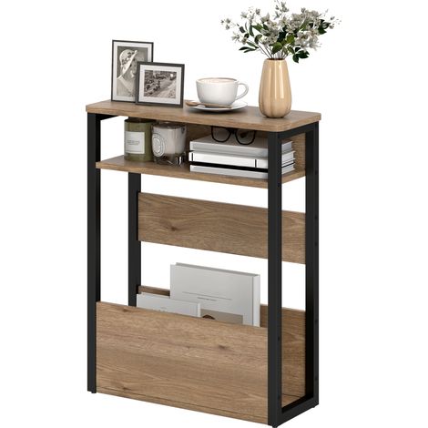 HOMCOM Tavolino Laterale Industriale con 2 Ripiani in Legno Metallo Color Noce (1/5)