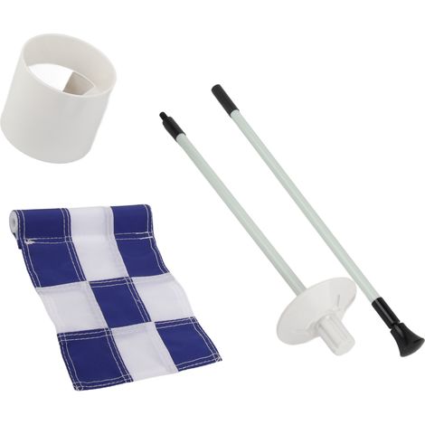 Mât de drapeau de golf portable de 90 cm (3 pieds) avec trou et coupelle, en 2 sections, pour intérieur et extérieur, quadrillage bleu et blanc. (1/5)